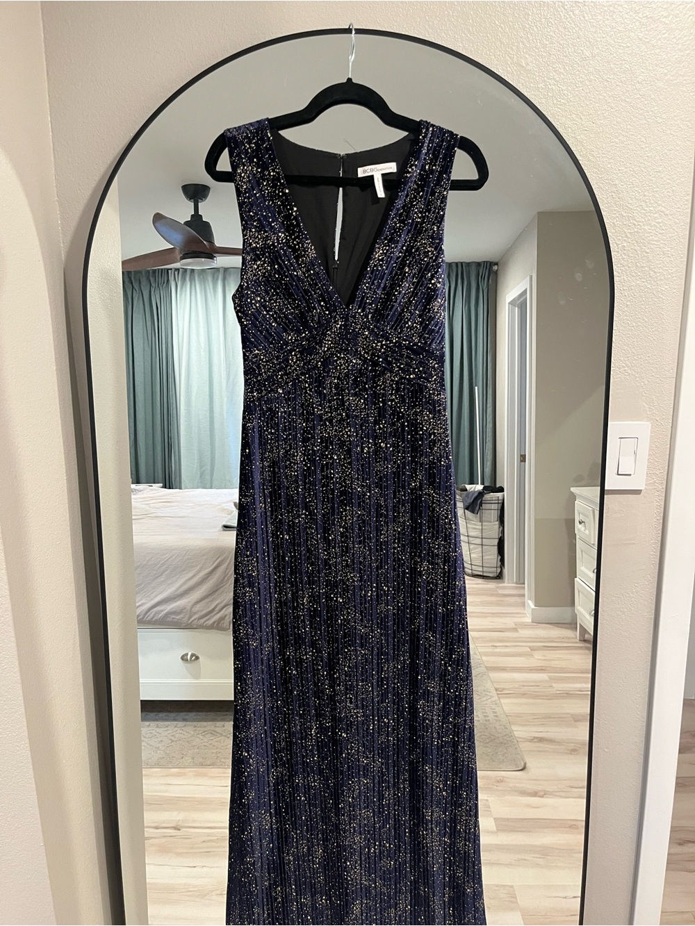 BCBG- Deep V-Neck Evening Gown - Navy and gold